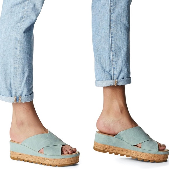 🩵Like New SOREL Cameron Flatform Mule Wedge Suede Sandals 8 - Picture 2 of 11
